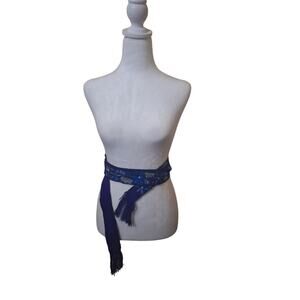 Embroidered Floral Blue Long Wrap Belt Fringe Curtain Tie Back Cottagecore